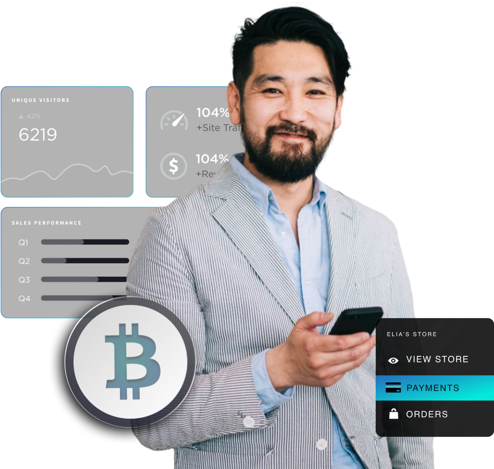Collage person bitcoin sales analytics payments
