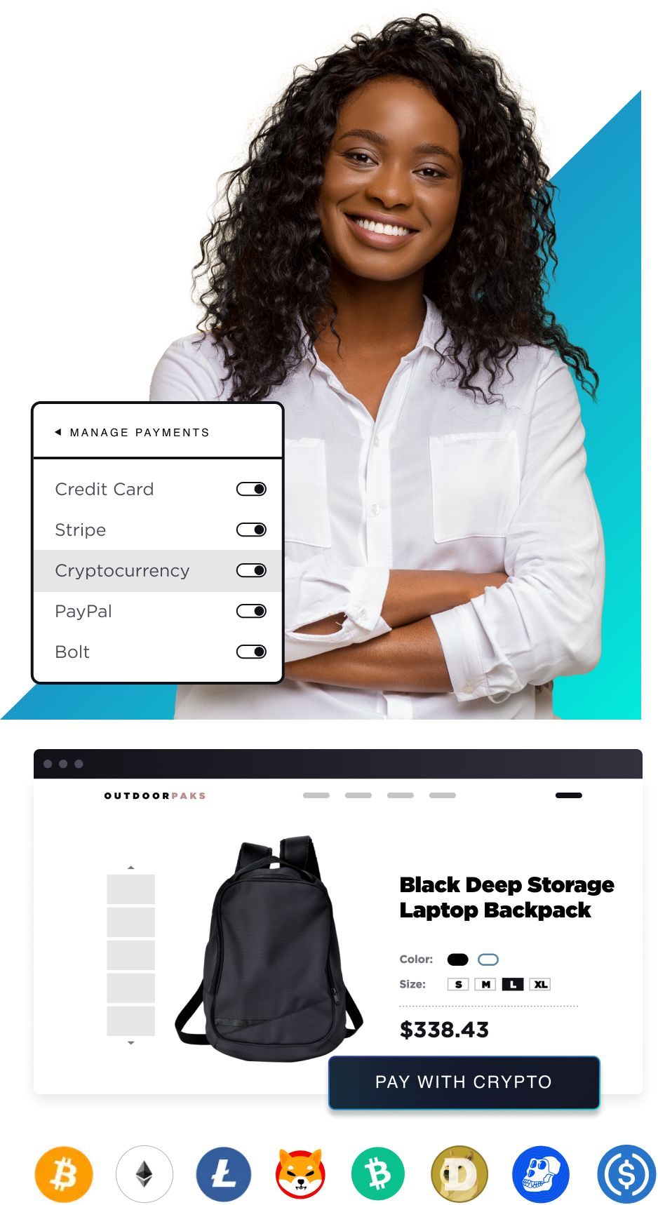Collage person manage payments storefront product backback cryptocurrency